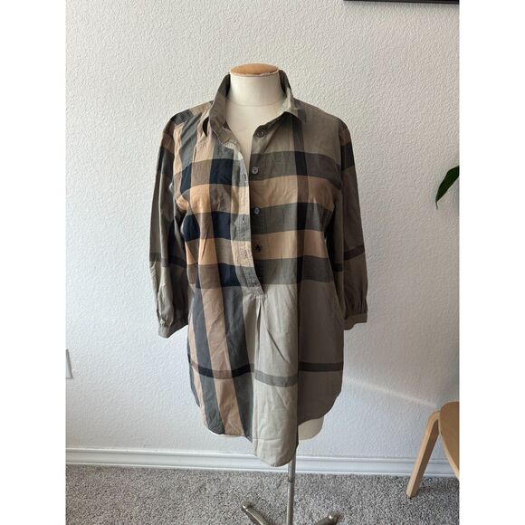 Burberry Brit Plaid Print Mock Neck Button-Up Top - Picture 2 of 8